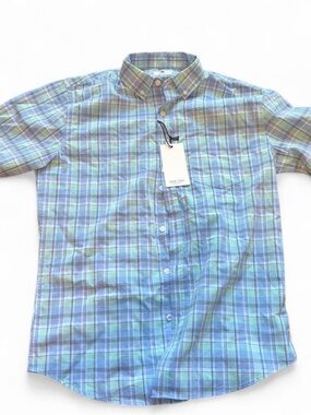 Men's Plaid Button-Down Shirt in Blue and Green